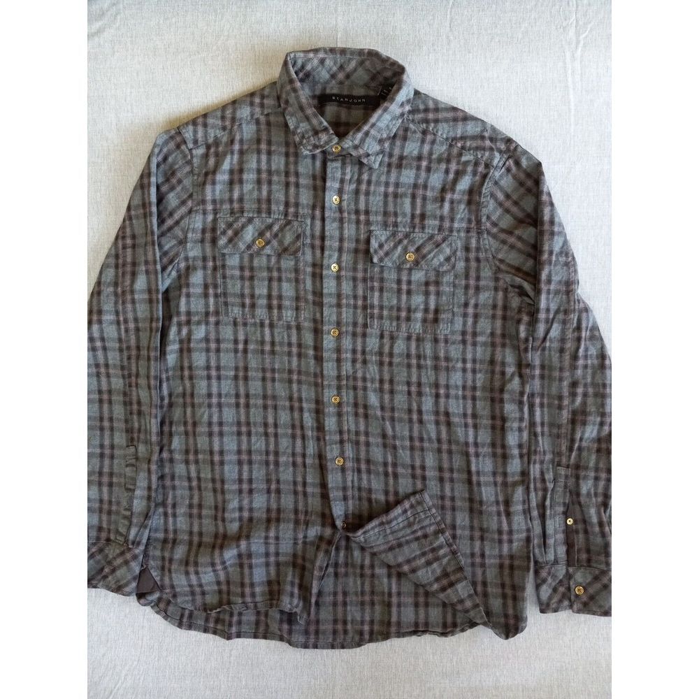 Sean John Men's XL Flannel Long Sleeve Gold Buttons‎ Plaid Pure Cotton Shirt